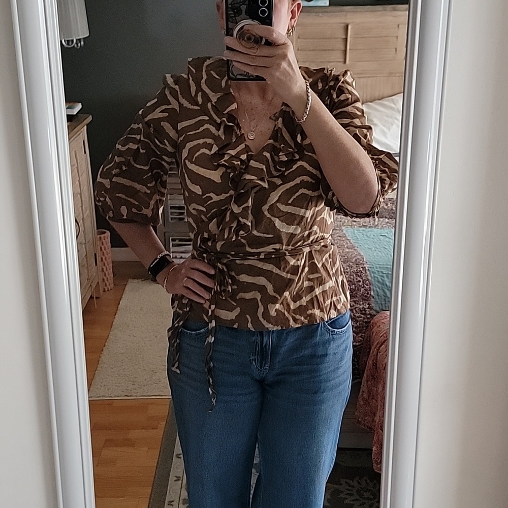Lauren Ralph Lauren Brown and Tan Zebra Print Wrap Blouse Cotton Sz L - Picture 10 of 11
